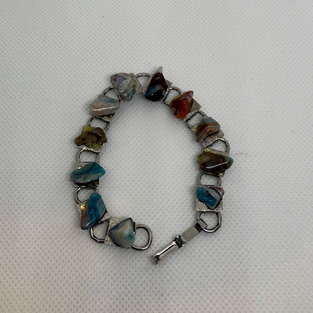 Vintage Scottish Pebble Agate Elegant Stone Silver Bracelet - Picture 8 of 11